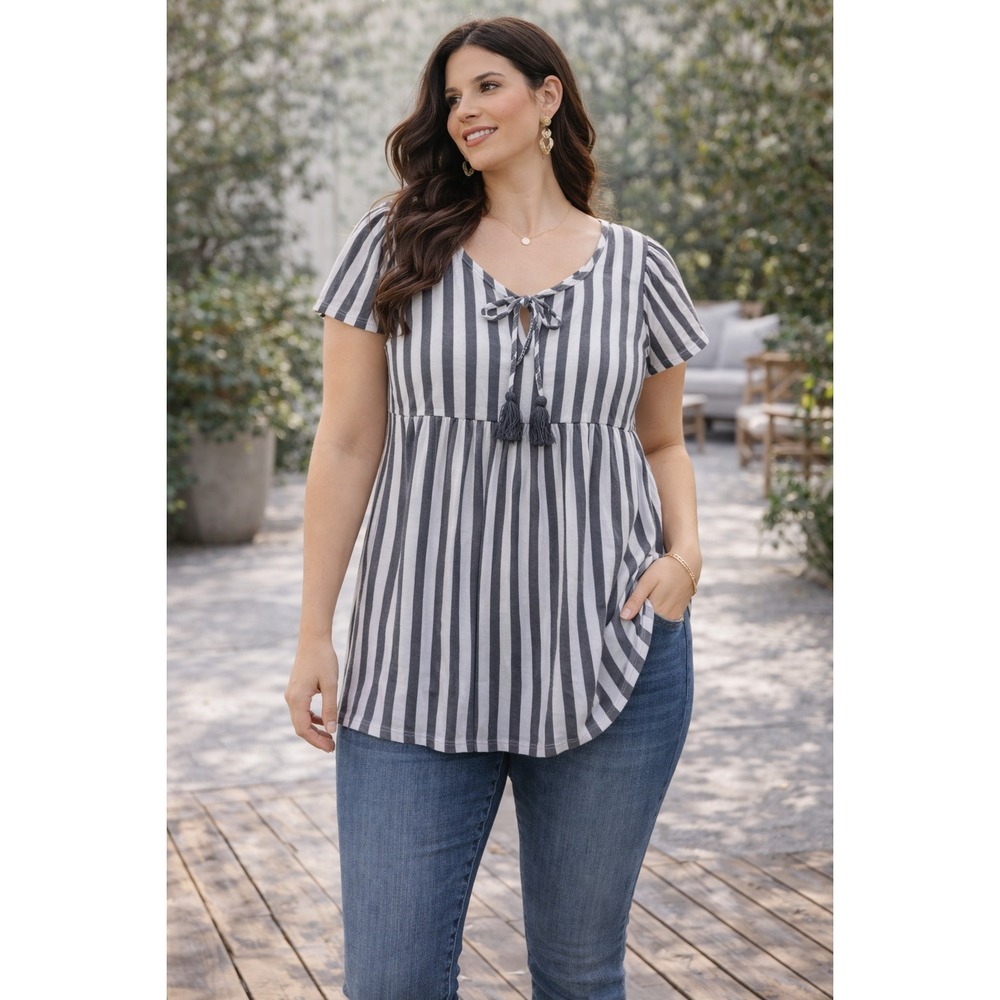 St John's Bay Stripe Babydoll Blouse Women's L Gray White Tassel Boho Top